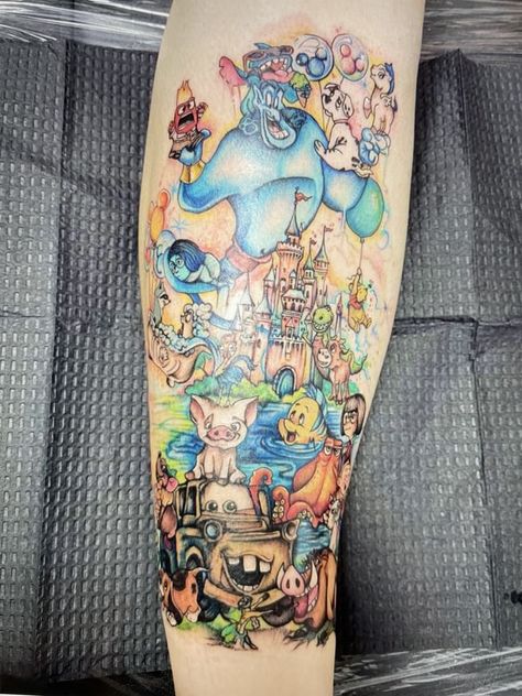 Disney Tattoos Sleeve Leg, 90s Disney Tattoos, Big Disney Tattoos, Disney Leg Tattoos For Women, Sleeve Disney Tattoo, Disney Thigh Tattoos Women, Disney Arm Sleeve Tattoos For Women, 2000s Cartoon Tattoos, Disney Sleeve Tattoo For Women