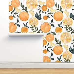 Removable Wallpaper Bathroom, Citrus Wallpaper, Wallpaper Pink And Orange, Summer Orange, Fruit Summer, Orange Citrus, Watercolor Fruit, Modern Botanical, Etsy Fabric