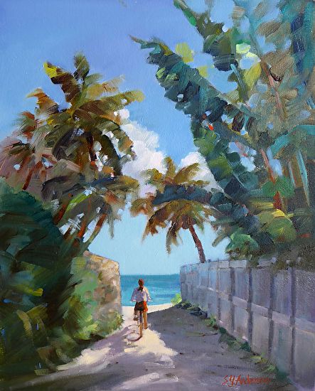 Bike To Beach by Susie Y. Anderson Oil ~ 20 x 16 Tropical Painting, Florida Artist, Palm Trees Painting, Pop Art Wallpaper, Abstract Art Landscape, Tropical Art, Interior Design Art, Plein Air Paintings, Beach Painting