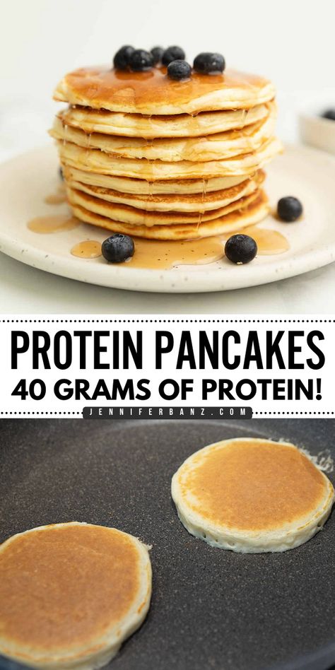 A Mother's Day breakfast recipe with 40g of protein and only 300 calories! There are no bananas and no oats in these protein pancakes. While these protein powder pancakes are gluten-free, keto, and low-carb, they still taste delicious! Save this Mother's Day brunch idea! High Protein Keto Pancakes, Protein Pancakes With Bisquick, Protein Breakfast Pancakes, High Protein Oat Pancakes, Savory Protein Pancakes, Healthy But Delicious Breakfast, Protein Powder Pancakes Low Carb, Protein Breakfast Low Calorie, How To Make Pancakes With Protein Powder