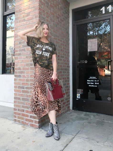 #camo #leopard and #snake, #OOTD #styleover40 #printmixing #snakebooties # NiliLotan #StaudShirley #funkyover40 #edgyover40 Camo And Leopard Outfits, Snake Skin Boots, Leopard Outfits, Womens Outfit, Graphic Tee Style, Plaid And Leopard, Everyday Casual Outfits, Animal Print Outfits, Cute Graphic Tees