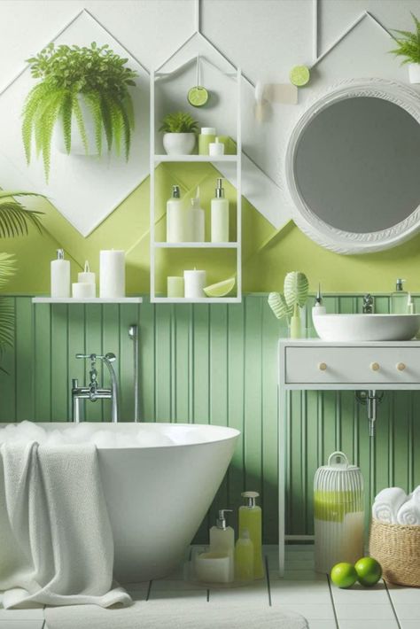 Revitalize your bathroom with this fresh lime green and crisp white combo. A zesty and invigorating color scheme to start your day. #FreshBathroom #LimeGreenAndWhite Mint Green Bathroom Ideas, Light Green Bathroom Ideas, Lime Green Bathroom, Lime Green Color Scheme, Light Green Bathroom, Mint Green Bathroom, Lime Green Bathrooms, Green Bathroom Colors, Light Green Bathrooms