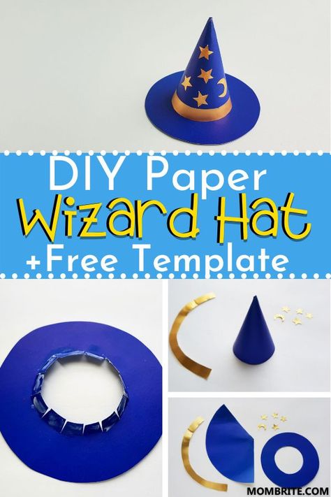 Want to make this fun paper wizard hat craft for some magical pretend play? Using supplies you already have at home, you too can make this Wizard Hat in no time with your kids! Check out the step-by-step tutorial here and be sure to grab your copy of the free wizard hat template! Diy Wizards Hat, Felt Wizard Hat Diy, Wizard Diy Costume, Magic Hat Crafts For Kids, Witches And Wizards Activities, Wizard Hat Craft, How To Make A Wizard Hat, Witch Hat Crafts For Kids, Diy Hats For Kids Crafts