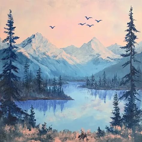 ↑↑↑ Larger size on website 🔸 A serene landscape painting depicts a tranquil lake nestled amidst a majestic mountain range. The sk Mountains And Sky, Glacier Lake, Serene Landscape, Snowy Mountains, Pine Trees, Birds Flying, Mountain Range, Landscape Painting, Creative Inspiration