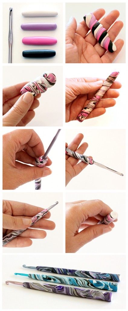 Tutorial on how to make polymer clay grips for your crochet hooks. Clay Crochet Hook, Crochet Hook Handles, Making Polymer Clay, Crochet Diy, Polymer Clay Projects, Yarn Projects, Polymer Clay Tutorial, Polymer Clay Creations, Love Crochet