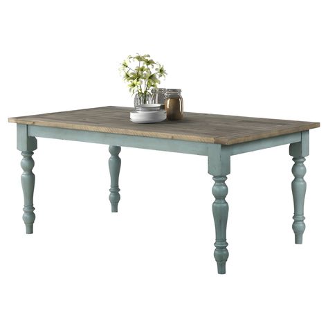 Dimensions: 68L x 38W x 30H in.Solid rubberwood and engineered woodWeathered gray and antique blue finishRectangular top and turned legsSeats up to 6 peopleAssembly requiredPart of the Prato Collection. Farmhouse style arrives to your dining space with the Roundhill Furniture Prato Rectangular Dining Table. A two-tone finish of antique blue and weathered gray welcomes your guests and family to the table for good conversation and great food. Turned legs and a rectangular top completes the look of Traditional Dining Table, Painted Dining Room Table, Blue Dining Tables, Painted Kitchen Tables, Rustic Farmhouse Furniture, Country Dining Tables, Painted Dining Table, Traditional Dining Tables, Farmhouse Kitchen Tables