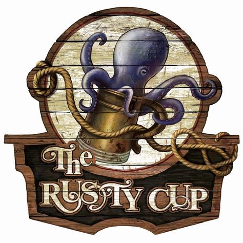 Pub/tavern sign illustration for a place called The Rusty Cup, from an upcoming… Tavern Names, Pub Illustration, Tavern Aesthetic, Tavern Logo, Fantasy Tavern, Tavern Sign, Fantasy Shop, Storefront Signs, Sign Illustration