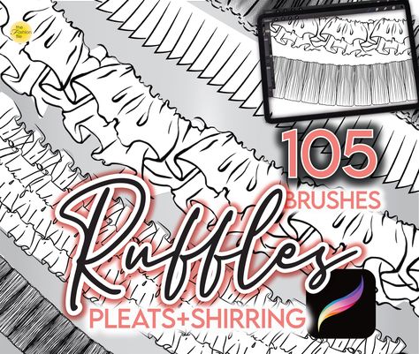 105 PROCREATE RUFFLE BRUSHES * Pleats Shirring Smocking Gathers Frills Gowns Sketch Drawing Fashion Design Technical Flats Brush Anime Manga Pleated Skirt Sketch, Technical Flats, Free Procreate, Procreate Brushes Free, Drawing Fashion, Best Brushes, Flat Brush, Fashion Figures, Free Brush