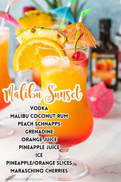 Mixed Drinks With Malibu, Drinks With Malibu Rum, Sunset Cocktail Recipe, Rum Drinks Recipes, Sunset Cocktail, Drink Before Bed, Malibu Sunset, Fun Drink Recipe, Crafty Morning