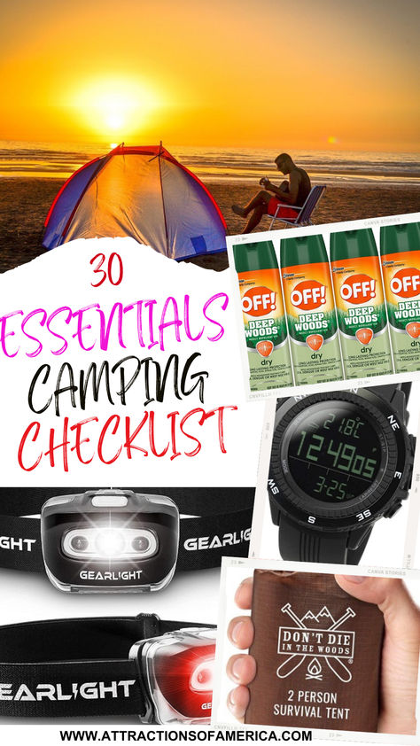 30 essentials camping checklist with image of a person sitting beside a tent and other camping gadgets. Camping Essentials For Kids, 50 States Travel, Cool Camping Gadgets, Camping Tattoo, Camping Necessities, First Time Camping, Camping Must Haves, Comfortable Camping, Camping Gadgets