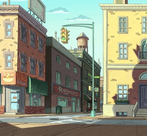 Hey Arnold! the Jungle Movie — Tom Borowski Jungle Movie, Cartoon Town, San Myshuno, Perspective Drawing Architecture, Bg Design, Cartoon House, City Cartoon, Hey Arnold, Scenery Background