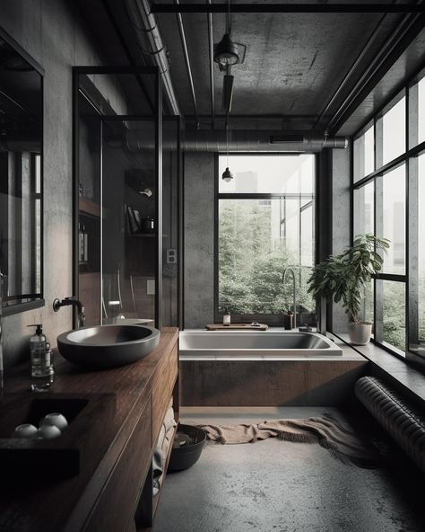 A beautiful blend of Brutalism and industrialism ✨🖤 How do we like it? . Want your space designed? Let us help! More information on our website? Link in bio! #interiordesign #interior Small Industrial Bathroom, Modern Eclectic Interior Design, Brutalism Interior, Brutalist Interior, Brick Bathroom, Modern Eclectic Interior, Brutalism Architecture, Eclectic Interior Design, Brutalist Architecture