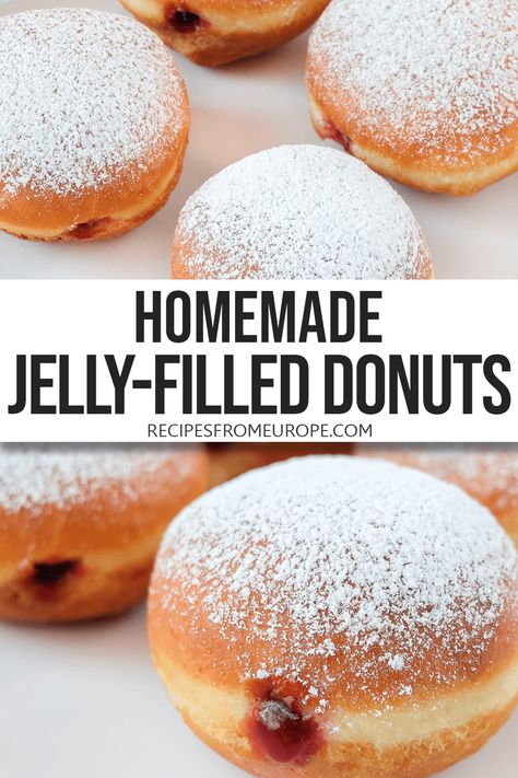 Jelly Filled Muffins, Fluffy Donut Recipe Fried, Jelly Doughnut Recipe, Best Baked Goods Recipes, Bismark Donut, Homemade Donuts Recipe Easy Fried, Cake Donuts Fried, Jelly Filled Donuts Recipe, Homemade Jelly Donuts Recipe