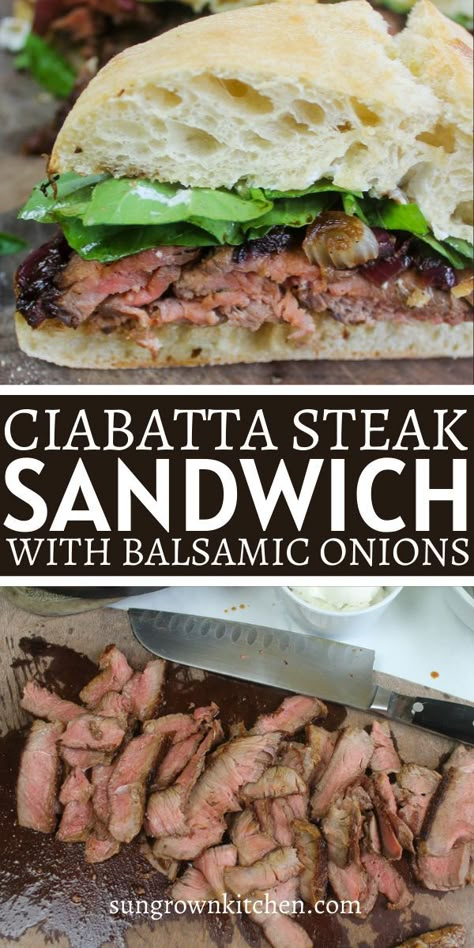 Sliced medium rare steak made into ciabatta sandwiches with balsamic onions. Crockpot Steak Sandwiches, Round Steak Sandwich Recipes, Shaved Steak Sandwich Recipes, Chibata Sandwich Recipe, Steak Sandwiches Recipes, Shaved Steak Sandwich, Ciabatta Burger, Ciabatta Bread Sandwich, Arugula Sandwich