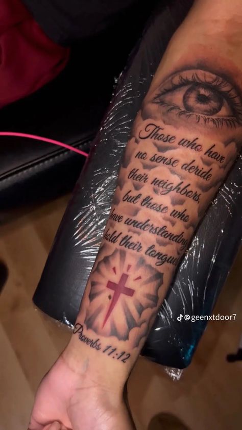 Middle Arm Tattoo Men, Scripture Forearm Tattoo, Thug Tattoos For Women Arm, Prayer Tattoo Men, Back Tattoo Sleeve, Small Men’s Tattoo Forearm, Bible Verse Tattoos For Men Forearm, Dope Tattoos For Men, Forearm Tattoo Men Sleeve Clouds