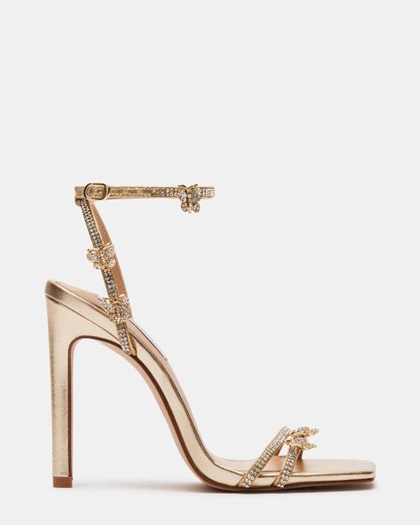 JADE Gold Strappy Square Toe Heel | Women's Heels – Steve Madden Heels Wedding Guest, Butterfly Heels, Dr Shoes, Shoes Heels Classy, Heels Classy, Hype Shoes, Girly Shoes, Gold Shoes, Stiletto Sandals