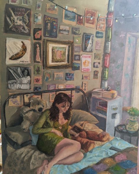 Oil Painting Bedroom, Artists Self Portraits, Contemporary Self Portraits, Messy Oil Painting, Oil Paint Self Portrait, Paintings Of Bedrooms, Procrastination Painting, Painting Of Bedroom, Room Full Of Paintings