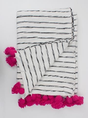 The Scribble Stripe Blanket, a traditionally handwoven Moroccan cotton blanket in cream with abstract black stripe detailing complete with bright tassel pom poms to finish. Moroccan Throw Blanket, Moroccan Pom Pom Blanket, Bohemia Design, Stripe Blanket, Tassel Blankets, Pom Pom Throw, Pom Pom Blanket, Boho Blanket, Striped Blankets