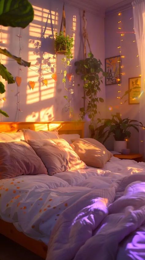 Lilac Color Bedroom Ideas, Dark Colorful Bedroom, Made Bed Aesthetic, Bohemian Aesthetic Bedroom, Purple Room Wallpaper, Purple Bedding Aesthetic, Purple And Green Room Aesthetic, Purple Green Room, Bedroom Design Purple