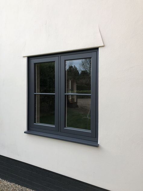 Grey Green Windows Exterior, Window Sill Exterior, Bungalow Windows, External Windows, Casement Windows Exterior, Anthracite Grey Windows, Grey Window Frames, Modern House Colors, Painted Window Frames