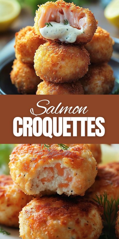 Salmon Croquettes  Ingredients:  16 oz fresh or canned salmon, flaked 1 large egg, lightly beaten ½ cup Panko breadcrumbs ¼ cup all-purpose flour ½ green bell pepper, chopped ½ red bell pepper, chopped ¼ cup mayonnaise 1 tablespoon Worcestershire sauce ¼ cup chopped cilantro ½ teaspoon garlic powder ½ teaspoon salt ¼ teaspoon black pepper Avocado oil (for frying)  #Salmon #Croquettes Fresh Salmon Patties, Healthy Fish Dinners, Salmon Croquettes Recipe, Low Carb Salmon, Crispy Salmon, Salmon Croquettes, Canned Salmon, Super Easy Dinner, Green Bell Pepper