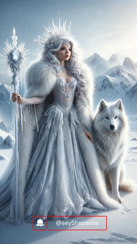 White Mythical Creatures, Winter Princess Aesthetic, Snow Fairy Costume, Snow Queen Aesthetic, Ice Princess Dress, Goddess Of Winter, Ice Fairy, Winter Goddess, Wolf People