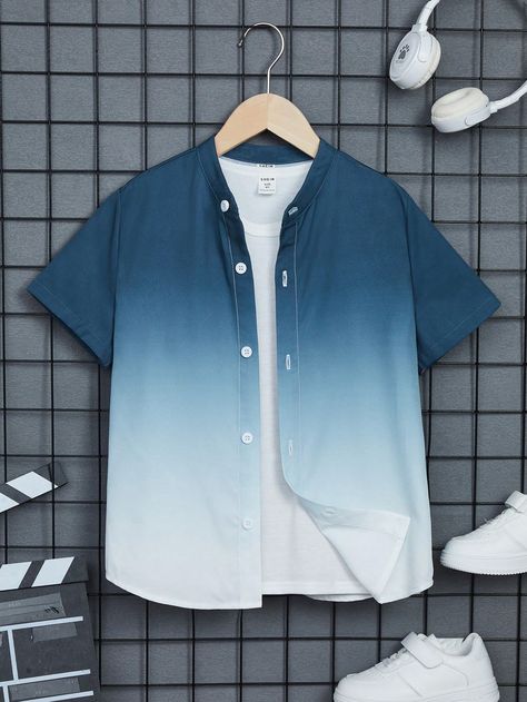 Blue and White Casual Collar Short Sleeve Woven Fabric Ombre Shirt Embellished Non-Stretch  Tween Boys Clothing Hold Back The River, Ombre Shirt, Blouse Man, Dark Blue Shirt, Shein Kids, Button Front Shirt, Boys Clothing, White Casual, Boys Shirts