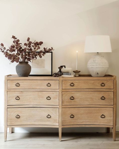 Bedroom Chest Of Drawers Styling, Chest Of Drawers Styling, Chest Of Drawers Decor, Chest Decor, Double Chest Of Drawers, Living Room Chest, Drawer Decor, Kitchen Decor Lighting, Sideboard Decor