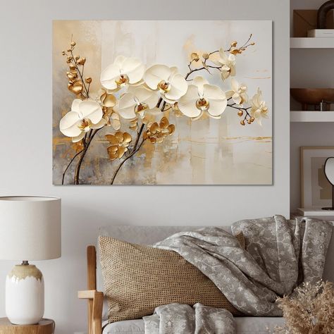 Designart "Minimalism Beige And Gold Orchids " Orchids Wall Art - Bed Bath & Beyond - 39985522 Orchid Wall Art, Gold Orchid, Traditional Wall Art, Picture Frame Designs, Mural Floral, Beige Walls, Prints Art, Canvas Designs, Picture Frame Wall