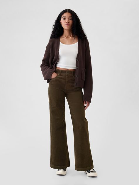 High Rise Corduroy Stride Wide-Leg Pants | Gap Casual Plaid Pants Outfit, Dark Brown Corduroy Pants Outfit, Wide Leg Corduroy Pants Outfit, Jean Essentials, Black Corduroy Pants Outfit, Brown Wide Leg Pants Outfit, Brown Corduroy Pants Outfit, Brown Wide Leg Pants, Thrifting Ideas