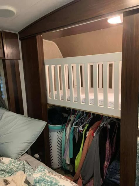 Rv Sleeping Ideas, Rv Play Area, Toy Hauler Nursery, Camper Living With Newborn, Rv Toddler Bed Ideas, Crib In Rv, Nursery In A Camper, Camper Crib Ideas, Rv Living With Newborn