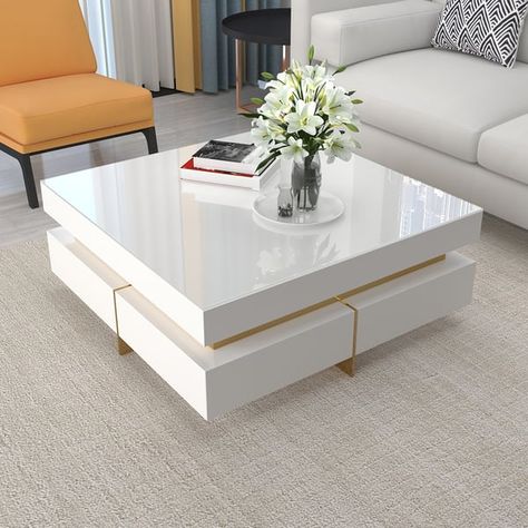 White Modern Square Coffee Table with Drawers Tempered Glass Top & Metal Legs Centre Table Glass Top, White Center Table, Centre Table Decor, Drawing Room Table, White Coffee Table Living Room, Modern Centre Table Designs, Centre Table Design, Centre Table Living Room, Sofa Table Design