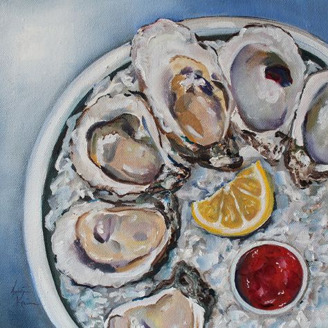 Oyster Painting, Oysters On The Half Shell, Oyster Art, Art Cottage, Fresh Oysters, Painted Shells, Shell Art, Kitchen Art, Beach Art