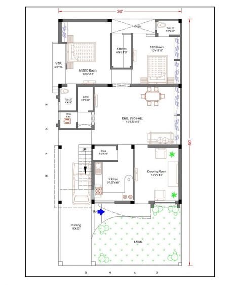 30 feet by 60 feet (30x60) House Plan - DecorChamp Home Map Design, Drawing House Plans, 20x40 House Plans, House Plan With Loft, Indian House Plans, Plans Architecture, Duplex House Plans, Home Design Floor Plans, House Construction Plan