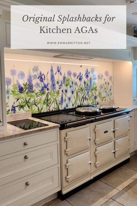 country garden floral kitchen Aga splashback Aga Splashback, Cooker Splashback Ideas, Cream Kitchens, Splash Back Ideas, Cream Aga, Cupboard Lighting, Kitchen Feature Wall, Splashback Ideas, Traditional Farmhouse Kitchen