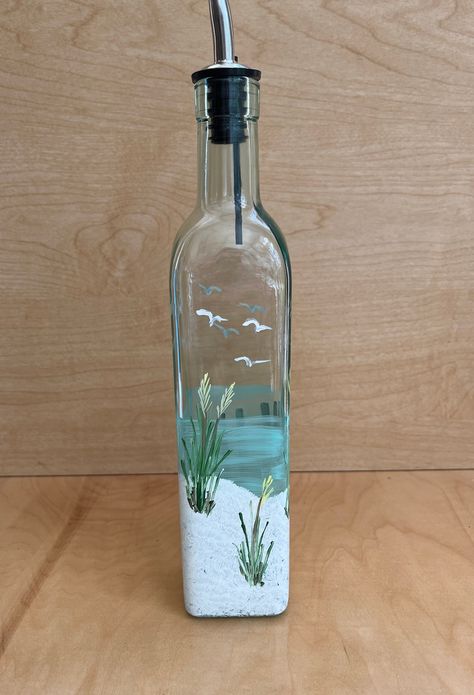 Vinegar Bottle Ideas, Glass Bottle Diy Projects, Decor For Beach House, Bottle Painting Ideas, Glass Bottle Design, Beach Sand Dunes, Glass Bottle Painting, Bottle Paint, Sea Oats