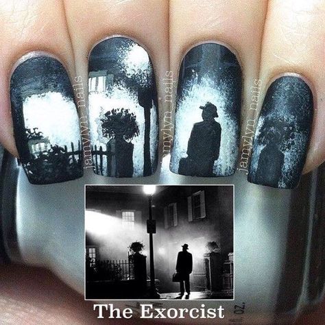 The Exorcist nail art by Jamylyn Nails Exorcist Nails, Horror Nails, Fingernail Designs, Creative Nail Designs, The Exorcist, Halloween Nail Designs, Get Nails, I Love Nails, Halloween Nail Art