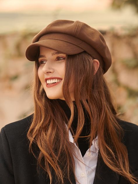 Brown Casual Collar  Fabric Plain Baker Boy Cap Embellished  Fall/Winter Women Accessories Baret Outfit, Paper Boy Hat, Style Anglais, Beach Blouse, Baker Boy Cap, Winter Typ, Drape Maxi Dress, Berets Cap, Baker Boy