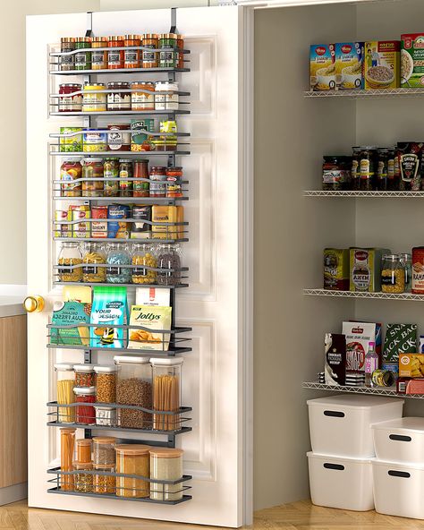 PRICES MAY VARY. Maximize Your Space: Please measure the width of your door before purchasing to see if it can fit a 16.5"W shelf. Our 9-Tier over the door pantry organizer is designed to make the most of your storage space, allowing you to store more items in a smaller area such as spice and some jars. Perfect for small kitchens or those with limited storage space. Durable & Strong: Made with high-quality, durable metal, our pantry organization can withstand the weight of heavy cans and jars, k Door Pantry Organizer, Organizer Pantry, Pantry Door Organizer, Tiny Pantry, Wall Spice Rack, Hanging Spice Rack, Hanging Basket Wall, Pantry Organizer, Over The Door Organizer