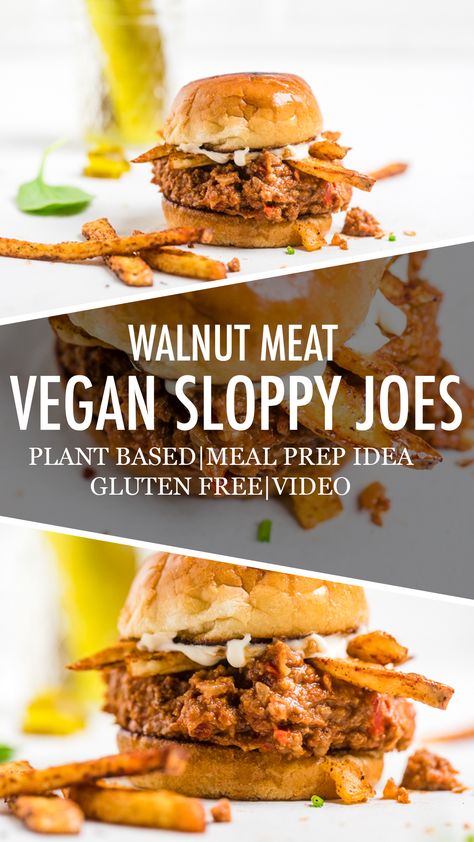 Walnut Meat Vegan Sloppy Joes Walnut Meat Vegan, Walnut Meat, Vegan Pizza Dough, Vegan Sloppy Joes, Vegan Burger Recipe, Vegan Sandwiches, Vegan Meat, Sloppy Joes Recipe, Meat Alternatives