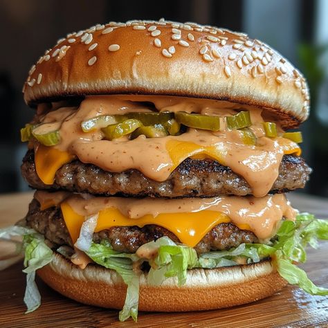 🍔 Homemade Big Mac with Special Sauce 🧀 🕒 Preparation Time: 15 minutes 🍔 Cooking Time: 10 minutes 🍽️ Servings: 2 double burgers Ingredients: For the Burgers: 400g ground beef (80% lean, 20% fat) Salt and freshly ground black pepper to taste 4 slices American cheese 2 sesame seed burger buns 1 cup iceberg lettuce, shredded 8-10 dill pickle slices For the Homemade Big Mac Sauce: 1/2 cup mayonnaise 2 tbsp sweet pickle relish 1 tbsp yellow mustard 1 tsp white vinegar 1 tsp garlic powder 1 tsp o... Lettuce Burger, Homemade Big Mac Sauce, Sweet Pickle Relish, Homemade Big Mac, Big Mac Sauce, Double Burger, Dill Pickle Slices, Mac Sauce, Pickle Slices