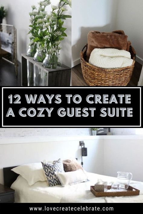 12 great tips for taking your guest space to the next level. Learn how to create a welcoming, cozy guest room just by adding a few special items! Guest Room Decor Ideas Modern, Wall Art Guest Room, Guest Room Ideas Full Bed, Guestroom Decorating Ideas, Themed Guest Bedrooms, Trays On Beds Guest Rooms, Relaxing Guest Room Ideas, Guest Bedroom Hanging Space, Guest Room Books