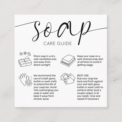 Minimal Elegant Handmade Soap Bar Care Cards Soap Business Branding, Soap Business Cards Ideas, Soap Care Card, Soap Business Names Ideas, Soap Sample Packaging Ideas, Soap Business Logo, Soap Bar Packaging, Artisan Soap Packaging, Soap Packaging Diy