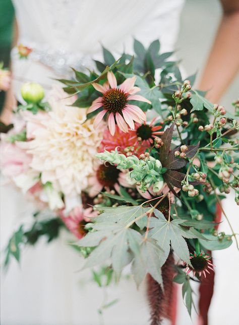 Dahlia, Echinacea, Cat Tail, Japanese Maple, Campanella + Foxglove - Fall Bouquet Recipe by Flower Afternoon - Heather Payne Photography - via Grey likes weddings Coneflower Wedding Bouquet, Echinacea Bouquet, Coneflower Bouquet, Bridal Bouquet Recipe, Unique Bouquets, Fall Bridal Bouquet, Bouquet Recipe, Bridal Shower Prizes, Fall Bouquet