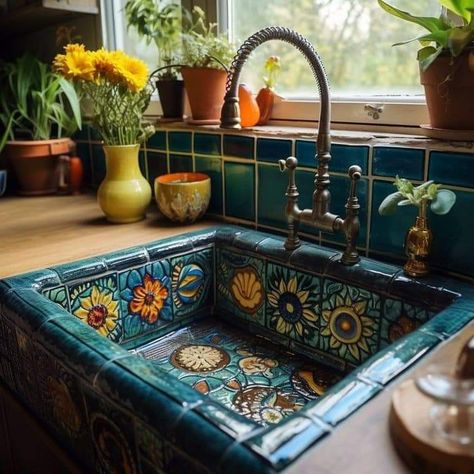 2013 Home Decor, Majestic House Interior, Tiled Sink Kitchen, Mexican Home Inspiration, House Decor Maximalism, Cottage Vibe House, Whimsical Home Aesthetic, 70s Themed Kitchen, Artistic Home Interior