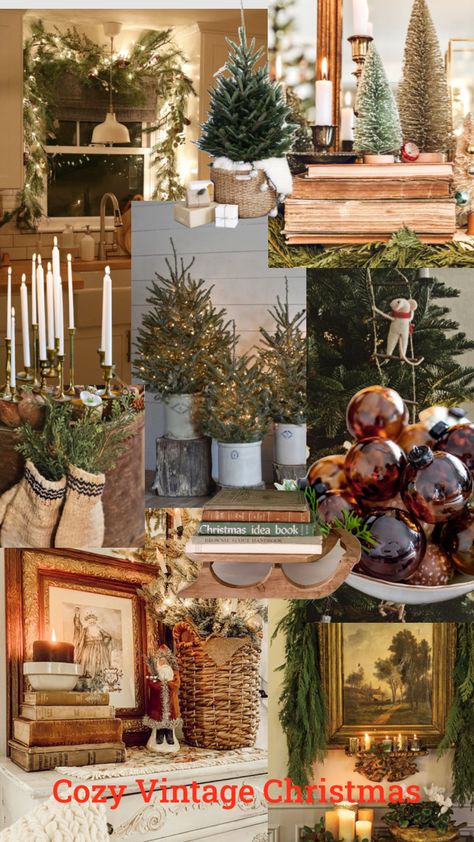 Classic Cottage Christmas, Vintage Woodland Christmas, Christmas Decor Mood Board, Decorate For Winter After Christmas, Cozy Vintage Christmas Decor, Vintage Cottage Christmas Decor, Old World Christmas Decor Ideas, Moody Vintage Christmas, Vintage Christmas Aesthetic Cozy