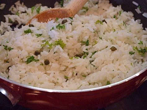 Lemon Rice with Capers and Parsley | Recipe Girl Baked Chimichangas, Parsley Recipes, Garlic Rice, Lemon Rice, Lime Rice, Cilantro Lime Rice, Side Dish Recipes Easy, Side Recipes, Veggie Sides