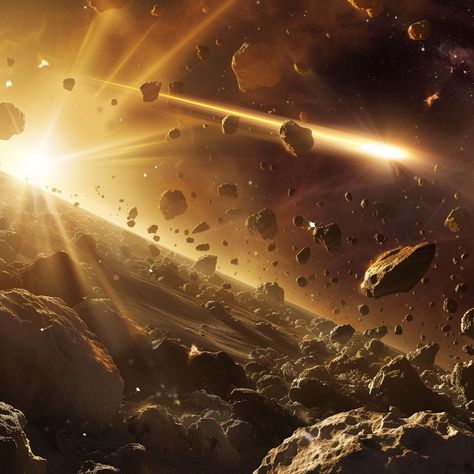 Asteroid Belt Chaos: A dramatic depiction of an asteroid belt with countless rocks orbiting and colliding near a star. #asteroids #space #cosmos #universe #rocks #orbits #collisions #solar #aiart #aiphoto #stockcake https://ayr.app/l/MCPm Asteroids Aesthetic, Planet Destruction, Battle Medic, Universe Landscape, Environmental Artwork, Elemento Terra, Asteroid Mining, Rock Shower, Space Landscape