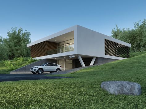 Modern House Philippines, Houses On Slopes, House On Slope, Japanese Modern House, Sloping Lot House Plan, Exclusive House Plan, Slope House, Modern Villas, Concrete Houses