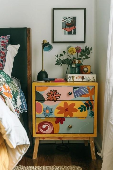 Fresh Nightstand Refinishing Ideas for a Bedroom Update Pop Of Color Nightstand, Maximalist Nightstand, Nightstand Painting Ideas, Cube Storage Ideas Bedroom, Bedroom Nightstand Ideas, Creative Nightstand, Ideas For A Bedroom, Upcycle Wood, Nightstand Ideas